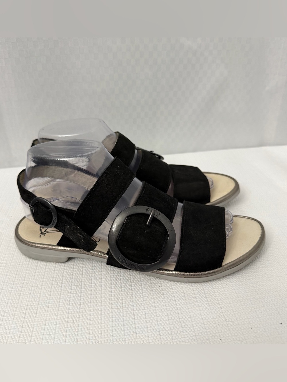 Fly London Black Suede Buckle Strap Sandals